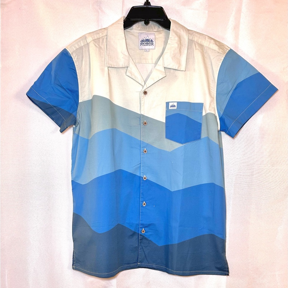 Vintage Men’s Casual Short Sleeve Button Shirt Color Block Blue White Size Large